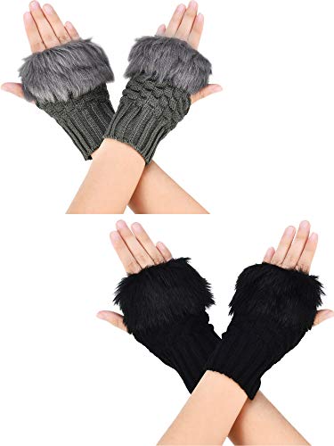 Boao 2 Pairs Fingerless Winter Gloves Short Touchscreen Gloves Thumb Hole Mittens Knitted Warm Gloves with Faux Fur (Black and Dark Gray)