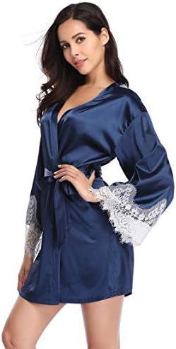 Satin Kimono Robe for Women Long Sleeve Lace Trim Bathrobes Sleepwear Nightwear
