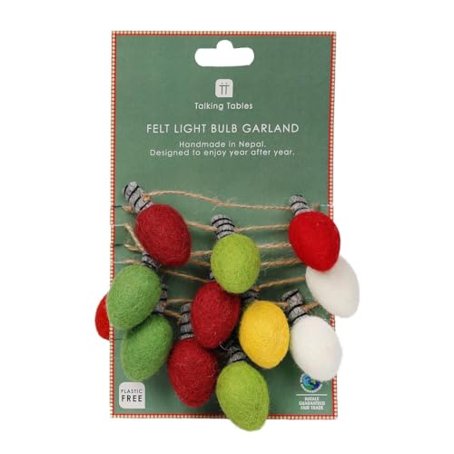 Talking Tables Christmas Tree Decorations | Felt Light Bulb Garland Xmas Tree Decor, Room Decor,Hanging Decoration, Dinner Party, Eco Friendly 2m -