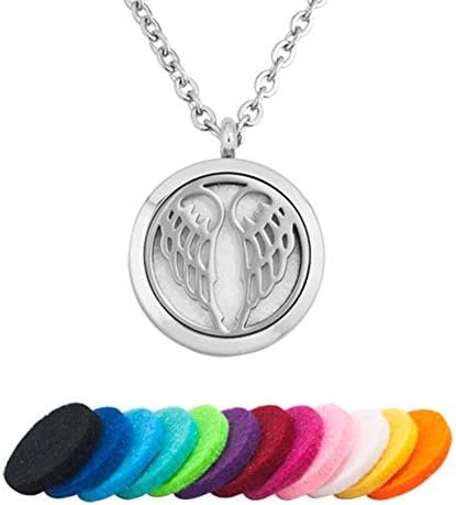 CandyCharms Aromatherapy Essential Oil Diffuser Necklaces Angel Wings Locket Pendant with 12 Color Refill Pads