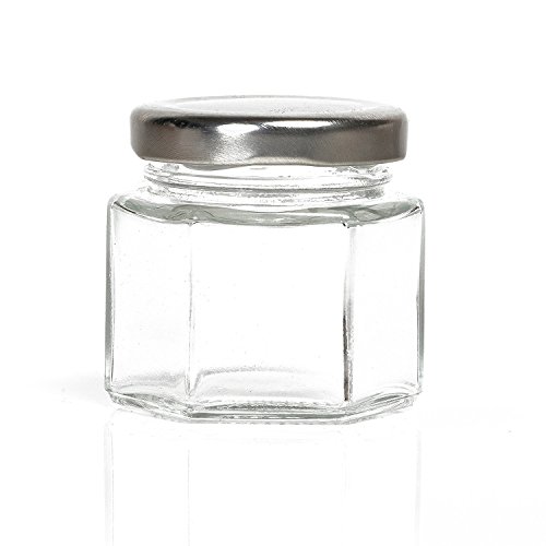 Hexagon Glass Jars by Nellam - 4oz, 24 Pack. Includes 48 Chalk Sticker Labels and 2x Chalk Pen. DIY Jars for Canning, Party Favors, Jams, Sauces, Herbs, Spices. (Silver Lid - 24 Pcs)