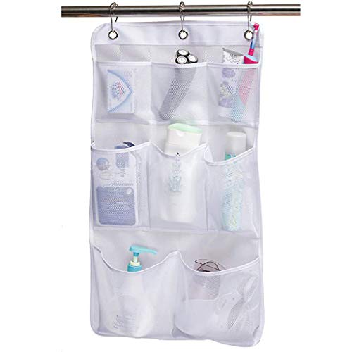 HuiDao Bath Hanging Caddy Shower Hanging Organizer 8 Quick Dry Mesh Pockets Storage Bag with 3 Ring Hooks for Hanging On Bathroom Curtain Rod, 27.5x15.7 Inch (White)