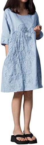 Women's Cotton Linen Dress Loose Casual Short Sleeve Floral Printed Mini Dresses