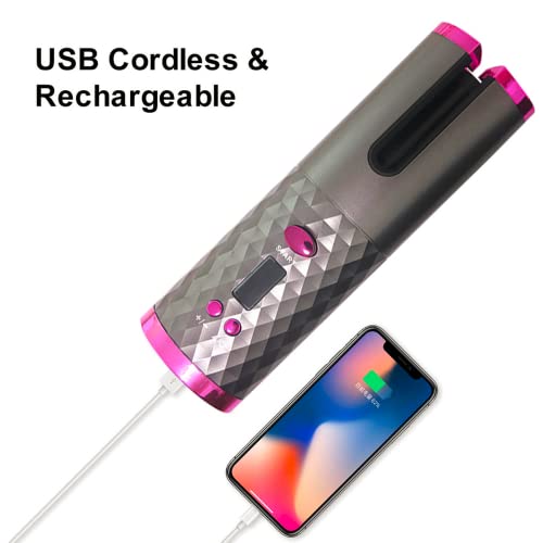 Cordless USB Rechargeable Adjustable Temperatures Anti-Tangle Wave Hair Curler Wand with Timer High Heat Fast Heating Salon Auto Rotating Ceramic Hair Curling for Hair Styling Anytime Anywhere