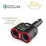 QC3.0 Smart Car Charger, 2 Socket + 3 USB (2xSmart USB Port & 1xQC3.0 USB Port) Multifunction Car Socket Splitter Adapter Built-in 10A Fuse for Smart Phones, Tablets, GPS, MP3 Players