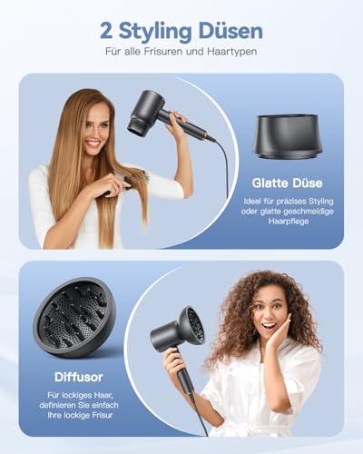 Ion Hair Dryer with Diffuser Quick Drying Hair Dryer Portable Travel Hair Dryer Grey | 1800 W hair dryer, hair dryer, small compact hair dryer with attachments, 3 temperature settings / 2-speed