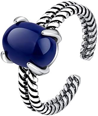 XCFS BEAUTY 925 Sterling Silver Plated Blue Stone Egg-Shaped Gem Women Adjustable Screw Thread Joint Rings