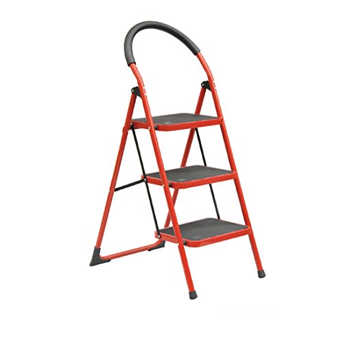 Centurich 3-Step Folding Stool Steel Step Stool Foldable Step Ladder with Rubber Handgrip and Non-slip Treads (Red)