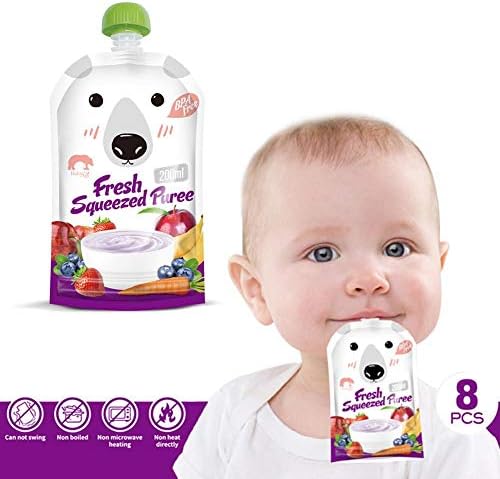 Wonderday 8pcs Reusable Food Pouch, 200ml Double Zipper Baby Food Supplement Bag Porridge Bag Puree Bag BPA Free