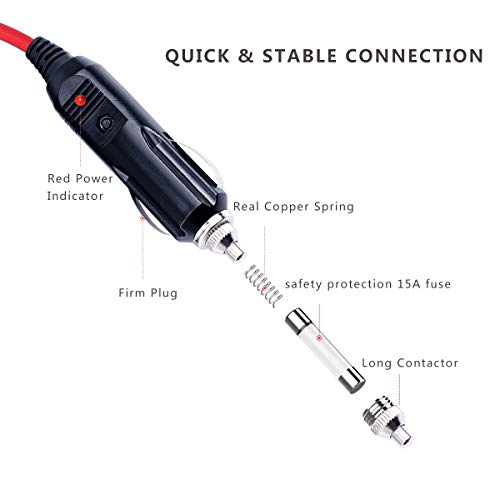 KUNCAN 13FT 12-24v Car Charge Cigarette Lighter Extension Cable Male to Female Socket, 14AWG Heavy Duty Cigarette Lighter Cord with LED Light, 15A Fuse