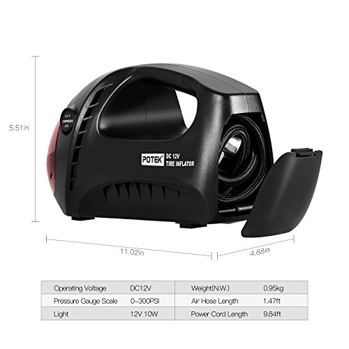 POTEK DC 12V 300PSI Portable tire inflators /Car Electric Air Compressor Pump with Gauge for Car, Truck, Bicycle ,Basketballs and Inflatable Objects