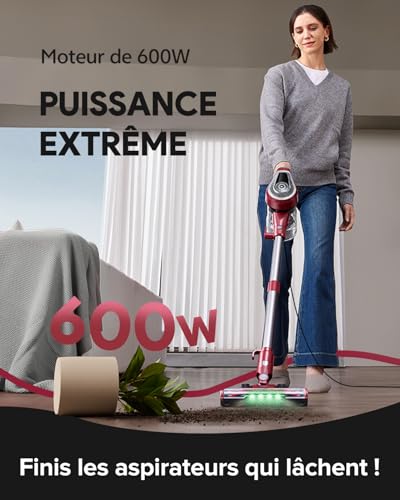 C8 Aspirateur Balai avec Fil, 600W/60Kpa Aspirateur Balai Puissant avec Recharge Murale, Cable de 7 m, Brosse Anti-Emmêlement,1,5L Aspirateur Balai pour Tapis,Sols Durs,Poils d'animau