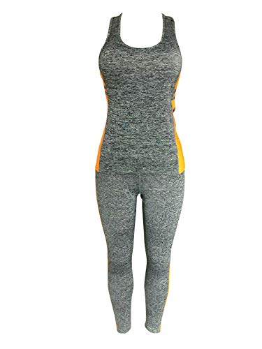 Women Sports Gym Yoga Workout Activewear Sets 2 Pieces Top+Leggings Set (M/L, Grey/Orange Touch) - Thumbnail 4