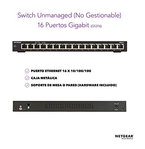 NETGEAR-Switch-Ethernet-de-16-puertos-GS316-Switch-Gigabit-Unmanaged-montaje-sobremesa-carcasa-metalica-sin-ventilador