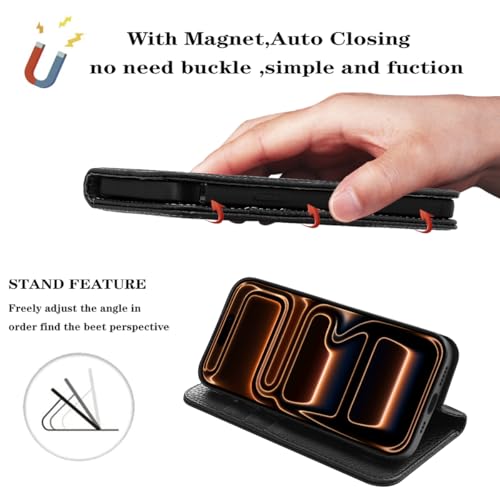 LANJLM iPhone 17 Pro Wallet Case Genuine Leather Antimagnetic Card Holder Flip Cover Shockproof iPhone 17 Pro Cases - Black