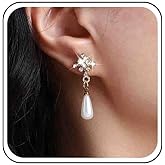 Sttiafay Vintage Teardrop Pearl Dangle Earrings Gold Crystal Snowflake Stud Earrings Rhinestone Pearl Drop Earrings Cz Wedding Bridal Earrings Jewelry for Women