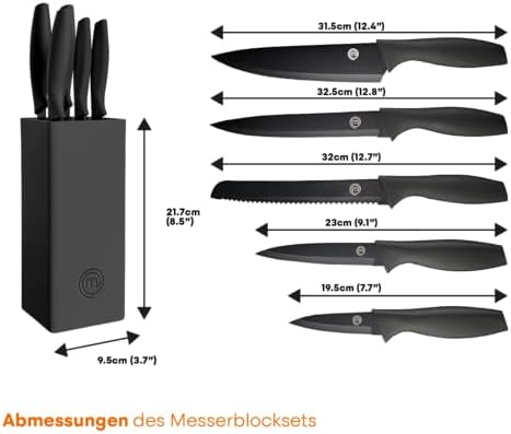 Messerblock mit Messer, Messerset mit Block, Scharfe Messer Set mit Küchenmesser, Kochmesser, Brotmesser, Schälmesser & Allzweckmesser, Edelstahlklingen, Softgriff, 6-teilig, Schwarz