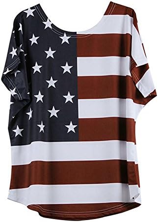 Yihaojia Women BlouseWomen Plus Size T-Shirt Short Sleeve Stripe Star Color Block American Flag Casual Tank Blouse Tops