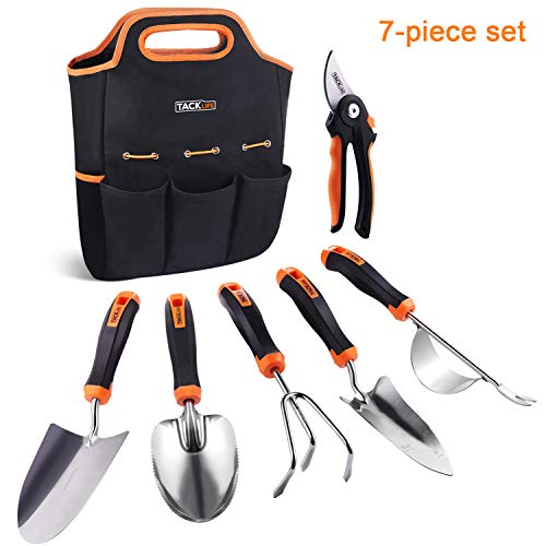 TACKLIFE Garden Tools Set, 7 Piece, Soft Rubber Handle, Stainless Steel Blade, Never Rust, Storage Bag with Pockets, Pruning and Planting,Gardening Gift for Friend – HXGGT7A