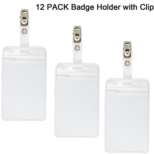 ID Badge Holder Vertical with Metal Badges Clips Name Tags Hole Punched Zipper Waterproof Resealable Clear Plastic Labels Credit Card Holder for Employees Heavy Duty Pair Metal Badge Clips (12 Pack) - Thumbnail 2
