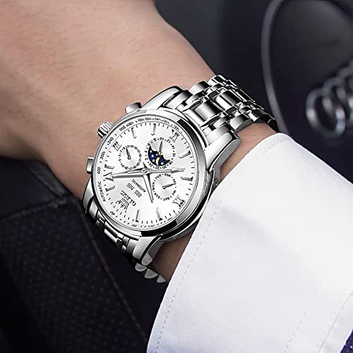 OLEVS Automatic Mens Watches Mechanical Luxury Dress Moon Phase Stainless Steel Waterproof Luminous Calendar Wrist Watches,White,Mechanical