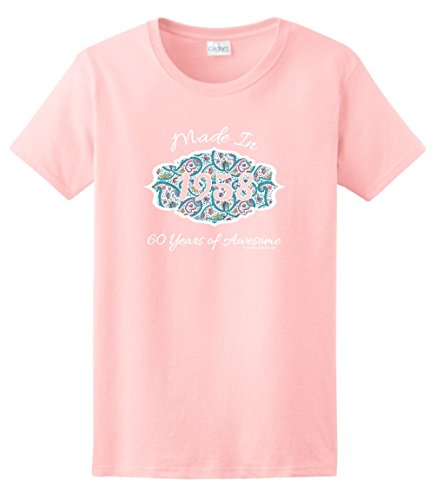 60th Birthday Candles Cards 60th Birthday Gift Made 1958 Paisley Crest Ladies T-Shirt Medium Light Pink