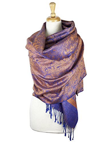 Paskmlna Paisley Jacquard Pashmina Shawl Wrap Scarf Stole (Blue-gold01862)