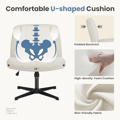 DUMOS Silla cruzada con patas para oficina, asiento de escritorio ancho y cómodo, sin ruedas, asiento para tareas de computadora sin brazos, giratorio, cómodo tocador, tela moderna para el hogar, altura ajustable