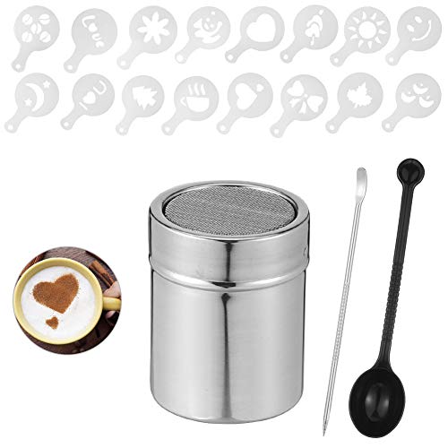 Xinzistar Kakaostreuer für Cappuccino Edelstahl Kakao Streuer Cappuccino mit 16 Schablone Puderzuckerstreuer Staubzuckerstreuer Schokoladenstreuer Kaffeezubehör mit Coffee Art Pull Pin, Rührlöffel