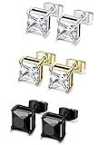 FIBO STEEL 3 Pairs Stainless Steel Stud Earrings for Men Women Cubic Zirconia Inlaid,8mm