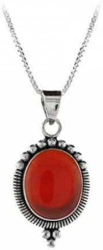 Sterling Silver Genuine Carnelian Stone Bali Beaded Oval Pendant