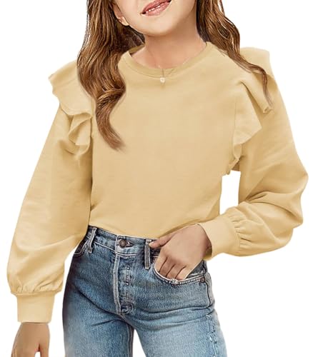 Zwurew Ruffle Shoulder Cute Clothes Crewneck Sweatshirts Tops Khaki Long Sleeve Shirts for Girls 5-6 Years at Amazon