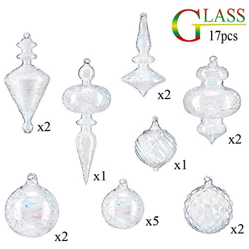 glasburg Christmas Tree Ornaments - Collection of Large Sparkly Glass Bulbs for Shiny Holiday Trees, Wreaths & Garland - Great for Vintage Looking Decorations - 17 Fancy Assorted Sizes, Iridescent