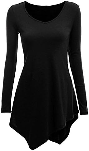 IU root Comfortable Women's Stylish Deep V-neck Round Hem Tunic Long Sleeve Knit Tops M Black
