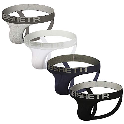 BSHETR Men's Jockstrap Athletic Supporters 4-Pack Multicolored Cotton Low Rise Stretch Sport Gym Underwear (4-Pack, Size L:32"-34",81cm-86cm)