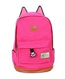 Moolecole Leather & Canvas Backpack School Bag Laptop Backpack with Cat's Ears Design,set with 1pc Wallet (Rose)