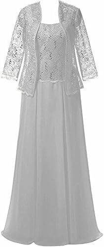 GURNALL Mother Of The Bride Dress 3 Pcs Chiffon Lace Sequins Formal Gowns With Jacket Sliver Size 8