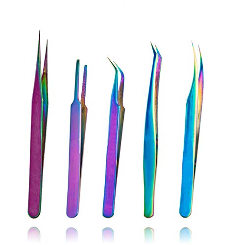 Rainbow Tweezers Kit Anti-Static Precision Stainless Steel Tweezers for Eyelash Extension Nail Art Ingrown Hair Craft Work 5 Pcs - Thumbnail 7