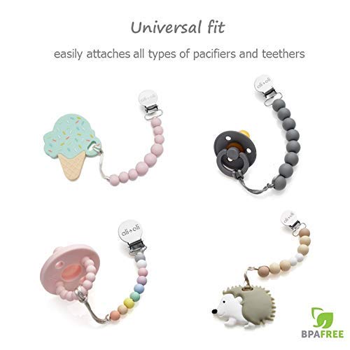 Modern Pacifier Clip for Baby - 100% BPA Free Silicone Beads (Soft Grey Wood) Binky Holder for Newborn - Infant Baby Shower Gift - Universal fit MAM - Philips Avent