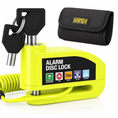 Hiridi - Bloccadisco Moto Lucchetto Moto Antifurto con Allarme Sonoro 110DB Sensori Movimento - Impermeabile Resistente - Blocco Pressione 7mm con Accessori - 1,5 m Cavo Promemoria - Lucchetto Borsa.