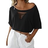SOFIA'S CHOICE Women Distressed Off Shoulder Crop Top Ripped Loose Short Sleeve T Shirt