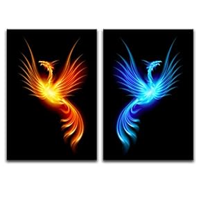 2 Panel Canvas Wall Art - Blue and Red Fire Birds Flying - Giclee Print Gallery Wrap Modern Home Art Ready to Hang - 16"x24" x 2 Panels