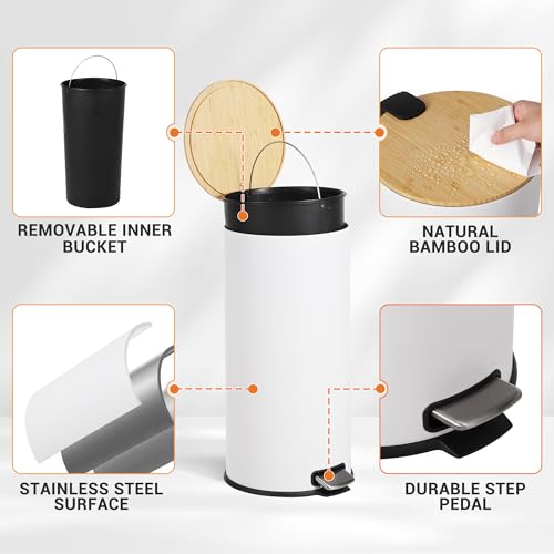 30L Stainless Steel Trash Can with Bamboo Lid, Pedal - Operated Garbage Bin with Removable Inner Bucket for Kitchen, Bathroom, Small Spaces