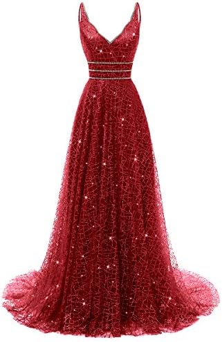 RJOAM-Prom Dresses Long Beaded Deep V-Neck&Back Sparkling Princess Tull Dresses 2019 Party Night Evening Gown