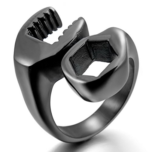 INBLUE Men's Stainless Steel Ring Black Spanner Mechanic Wrench Tool