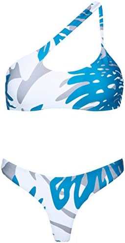 stripsky One Shoulder Bikini Set, Leaf Print Swimsuit For Women, White M