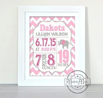 MuralMax - Personalized Chevron Birth Announcement Theme - Custom Elephant Nursery Décor - Unframed Print - Size - 11 x 14