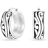 LeCalla 925 Sterling Silver Filigree Hoop Earrings for Women | Antique Oxidized Click-Top Hoop Earring Jewelry | Women's Small Chunky Filigree Earring