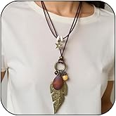 AllJunction Long Feather Pendant Necklaces Boho Vintage Large Black Leather Cord Rope Wooden Layered Turquoise Hippie Necklace Western Jewelry Accessories for Women