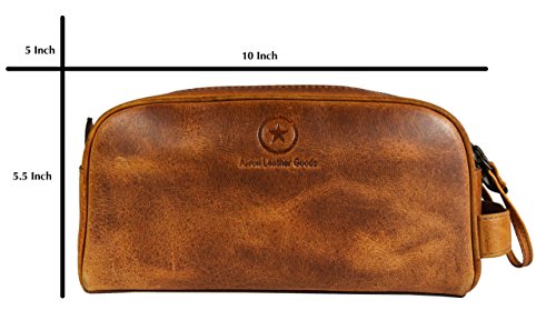 10" Premium Leather Toiletry Travel Pouch With Waterproof Lining | King-Size Handcrafted Vintage Dopp Kit By Aaron Leather Goods (Caramel - Dual Zipper)